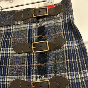 Blue and gold plaid wool buckled skirt